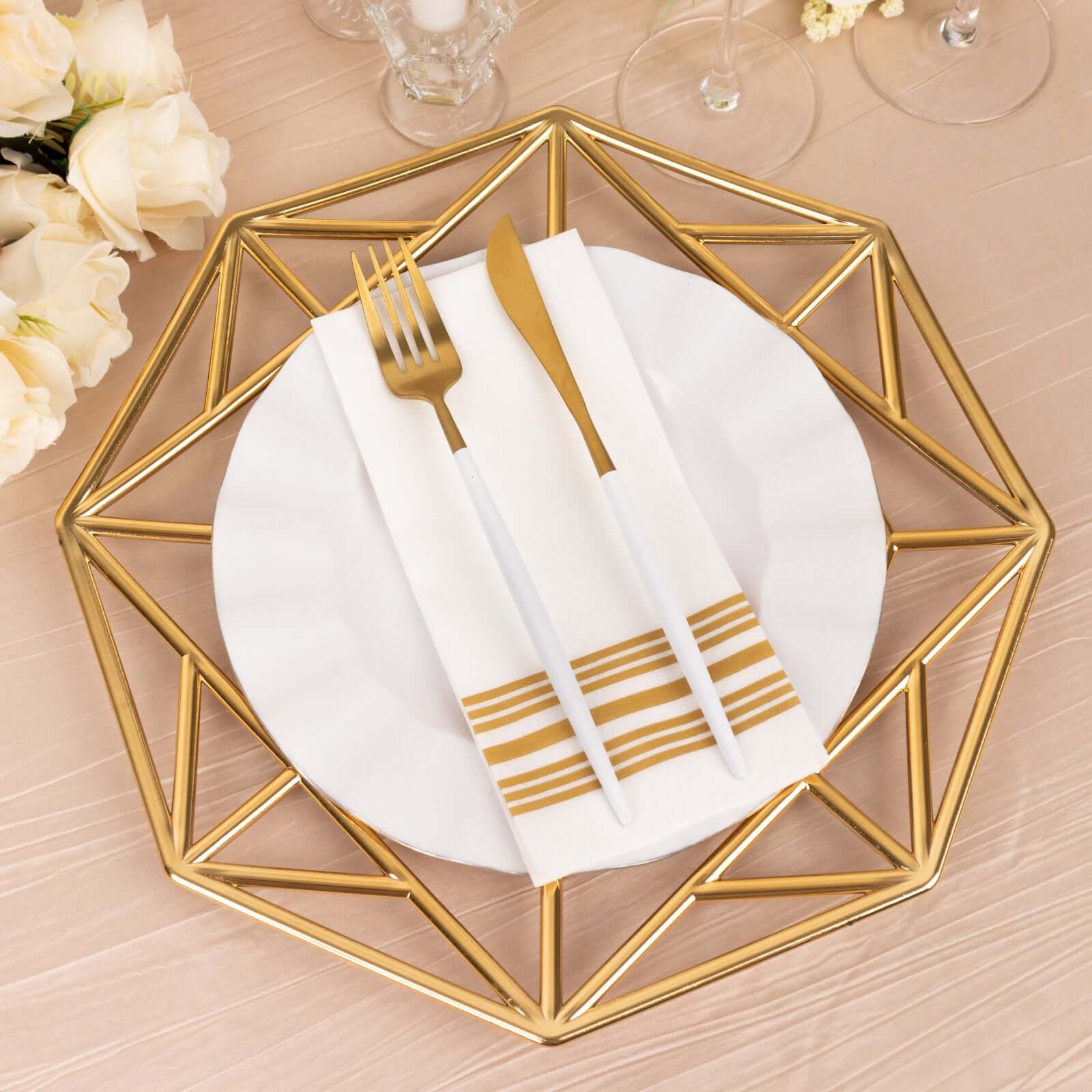6-Pack Acrylic Charger Plates 13" Octagon Metallic Gold with Hollow Geometric Rim - Plastic Disposable Decorative Chargers - Image 6