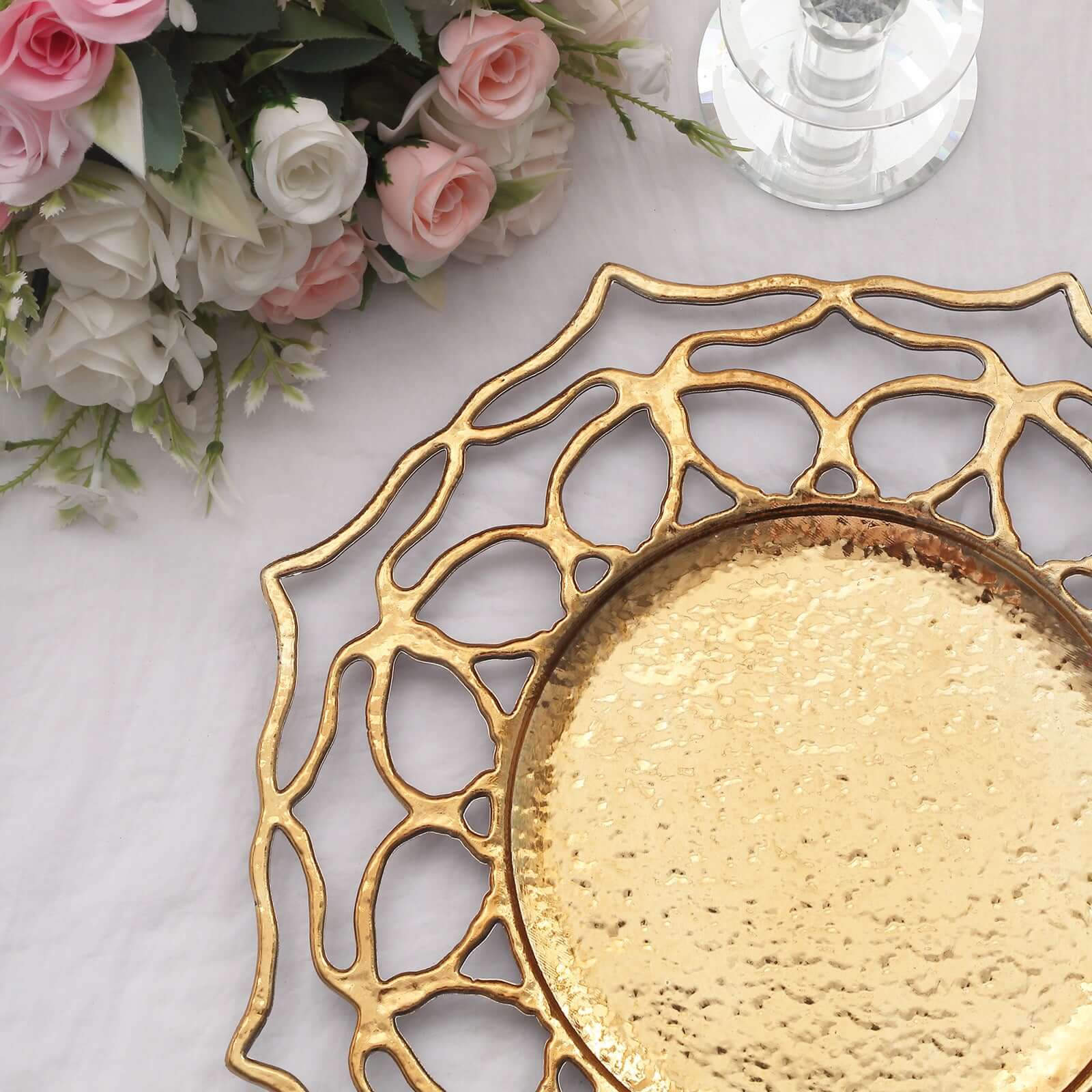 6-Pack Acrylic Charger Plates 13" Round Gold Floral Cutout Design - Hollow Flower Plastic Decorative Dinner Party Charger Tableware - Image 8