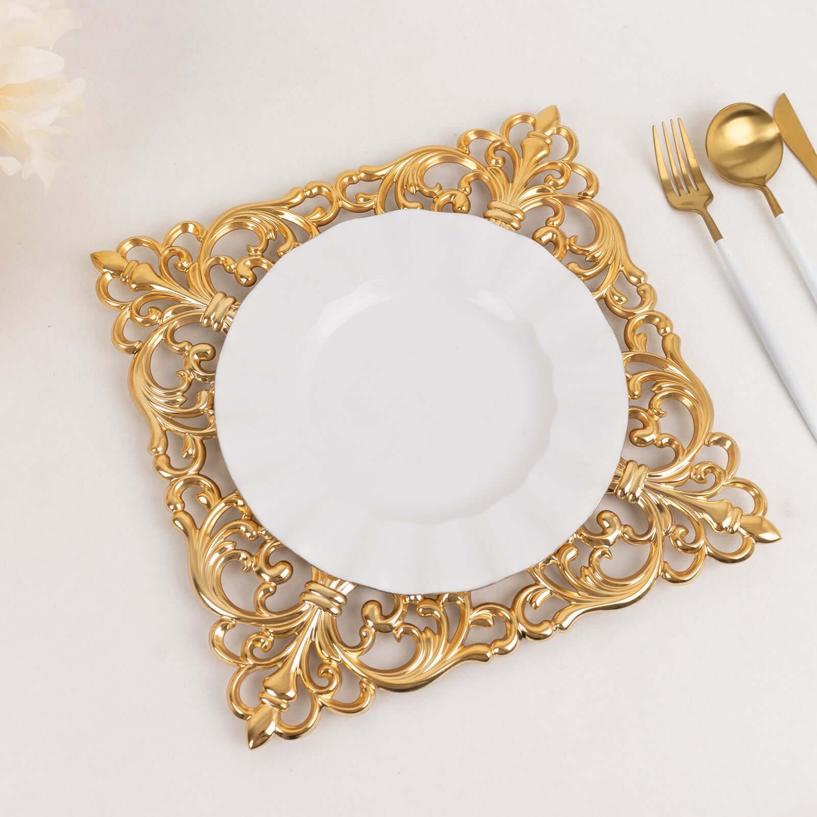 6-Pack Acrylic Charger Plates 12" Square Gold with Hollow Lace Border - Event Tabletop Decorative Charger Tableware - Image 4